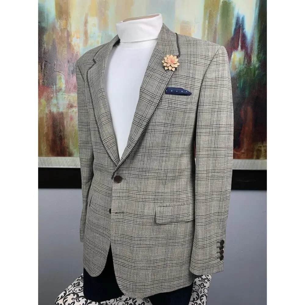 Etro Blazer 42R 52IT Beige Plaid Paisley Linen Wool Italy Sport Coat Luxury